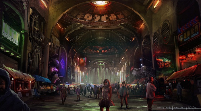 Cyberpunk marketplace with futuristic stalls and people