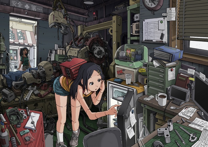 Anime girls in a cluttered workshop with robots