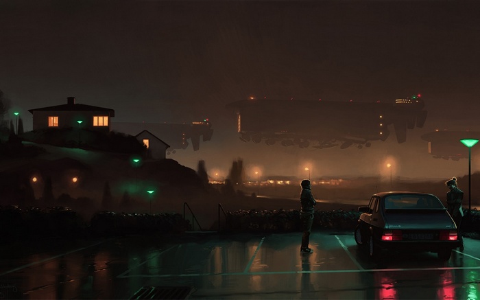 Saab 900 and futuristic floating structures at night
