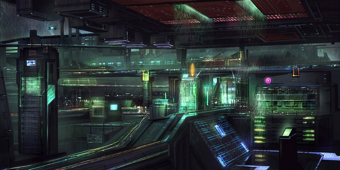 Futuristic cyberpunk city with glowing data streams