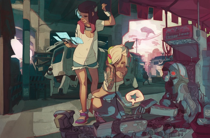 Cyberpunk girls with futuristic tech in a market