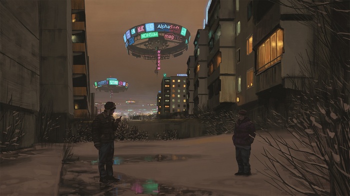 Cyberpunk city with flying advertisements and two men