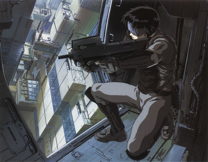 Motoko Kusanagi aiming a rifle in a futuristic city