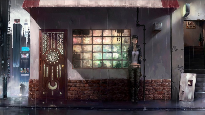 Woman standing in the rain outside a shop
