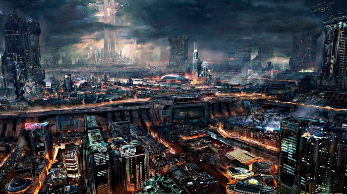Cyberpunk city with towering skyscrapers and dramatic clouds