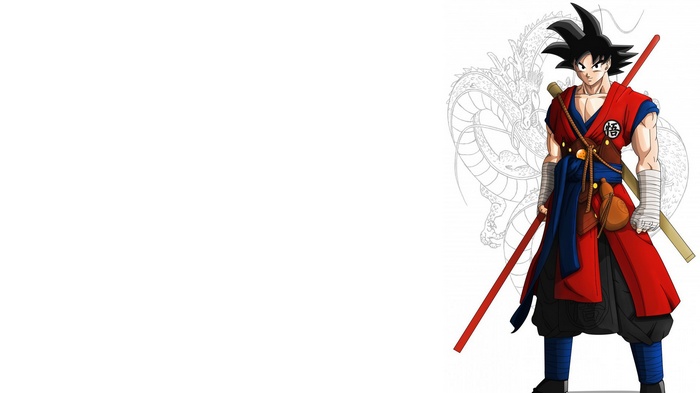 Son Goku in traditional Japanese attire with a dragon background