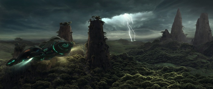 Alien spaceship flying over a stormy alien landscape
