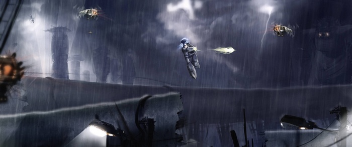 Mega Man X in a rainy, futuristic city