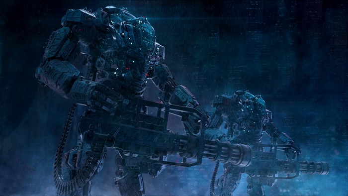 Two mechs with miniguns in a rainy city