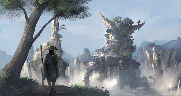 Fantasy art of a monk walking through a misty mountain landscape
