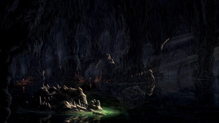 Fantasy cave with stalactites and a body of water