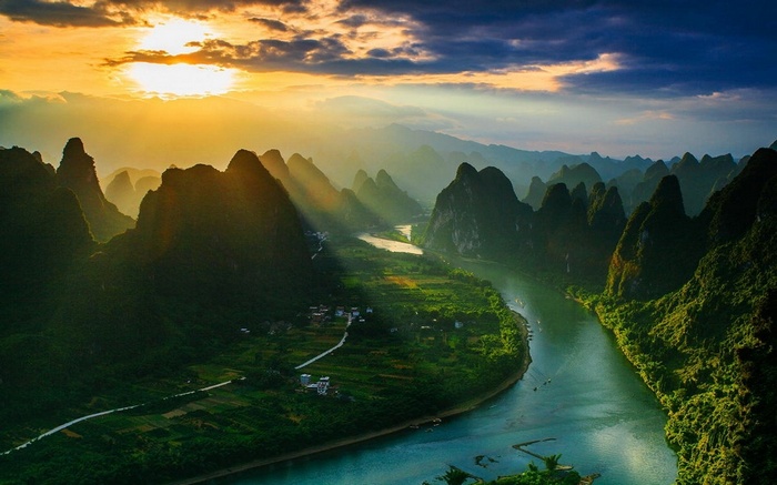 Karst Mountains River Landscape at Sunset in China