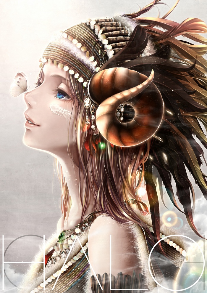 Anime girl with ram horns and butterfly