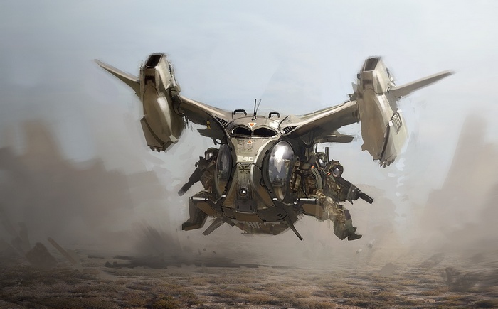 Futuristic military aircraft with soldiers in desert