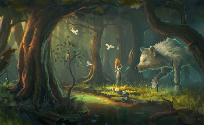 Fantasy art of a girl and a wolf in a forest