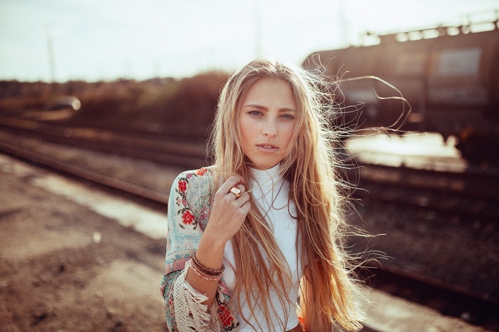 Portrait of a blonde woman with windblown hair