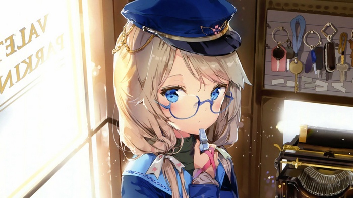 Anime girl with blonde hair, blue eyes, and glasses holding a whistle