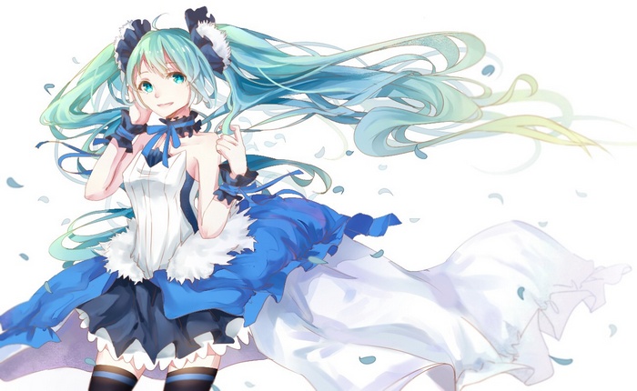 thigh-highs, simple background, anime girls, ribbon, long hair, petals, Vocaloid, twintails, zettai ryouiki, Hatsune Miku, dress, anime, headband