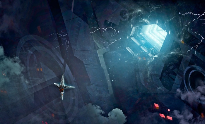 Science fiction artwork with a starship and a glowing cube
