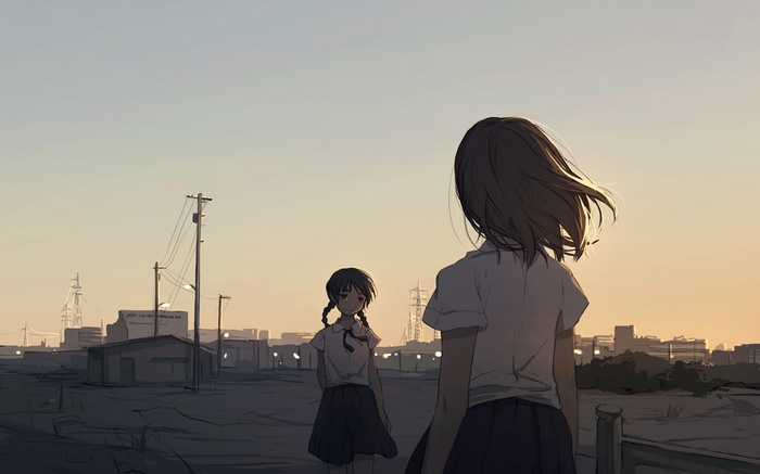 Two anime girls in school uniforms in a city
