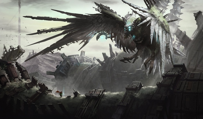 Artwork of a giant mechanical bird in Shadow of the Colossus