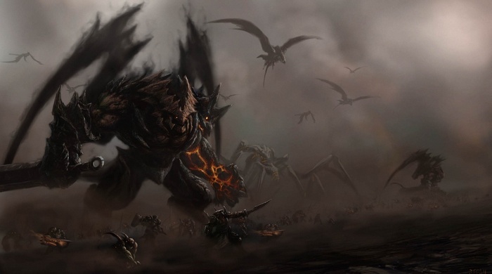 Fantasy art of a battle with monsters and flying creatures