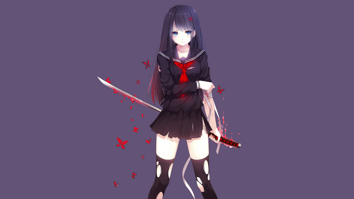 long hair, black hair, blood, sword, torn clothes, anime, anime girls ...