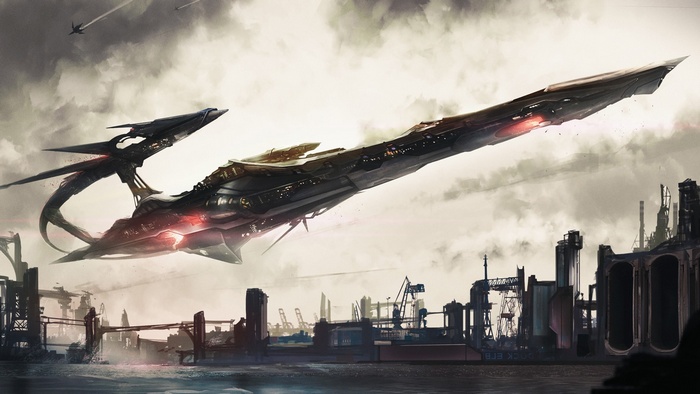 Science fiction artwork of alien spacecraft over a city