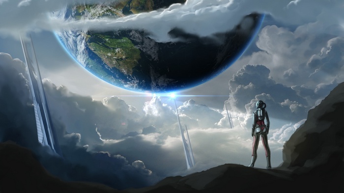 Astronaut looking at Earth from a rocky planet