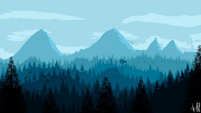 Minimalist landscape with mountains, forest, and birds