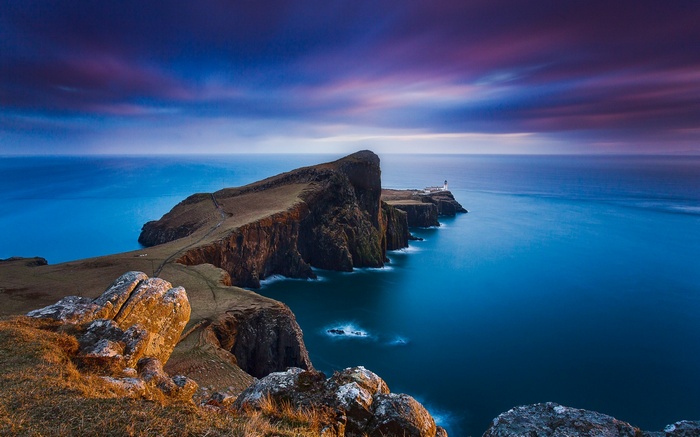 lighthouse, clouds, horizon, sunset, Skye, Scotland, landscape, blue, nature, cliff, sea, coast