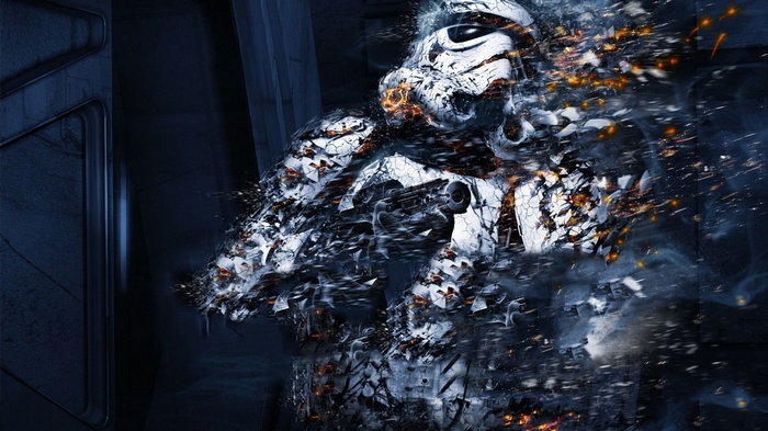 Stormtrooper disintegrating with sparks and smoke