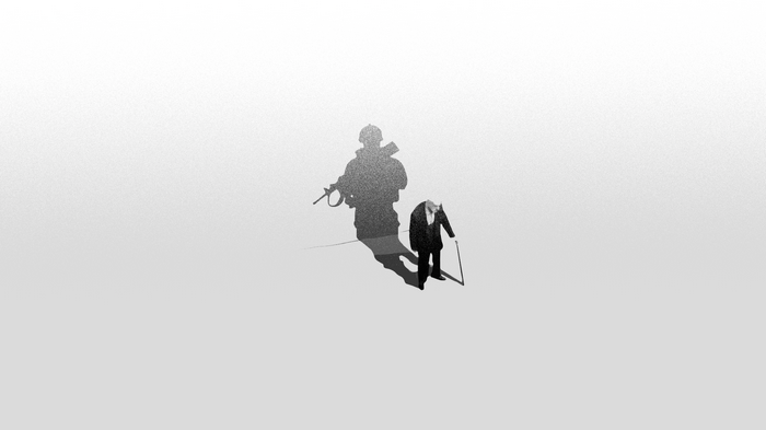 Soldier's shadow looms over an old man with a cane