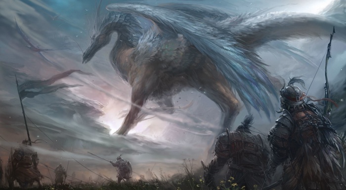 Fantasy artwork of a dragon and soldiers