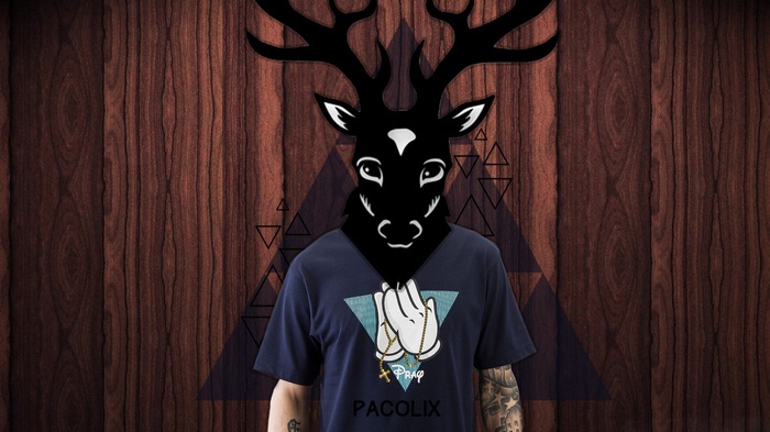 Man with deer mask and praying hands t-shirt