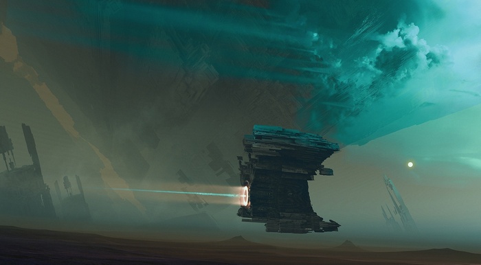 Science fiction artwork of a spaceship firing a beam