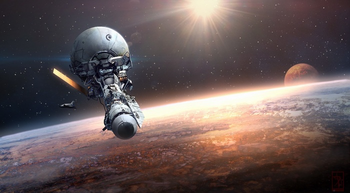 Spaceship orbiting a planet with a sun and moon