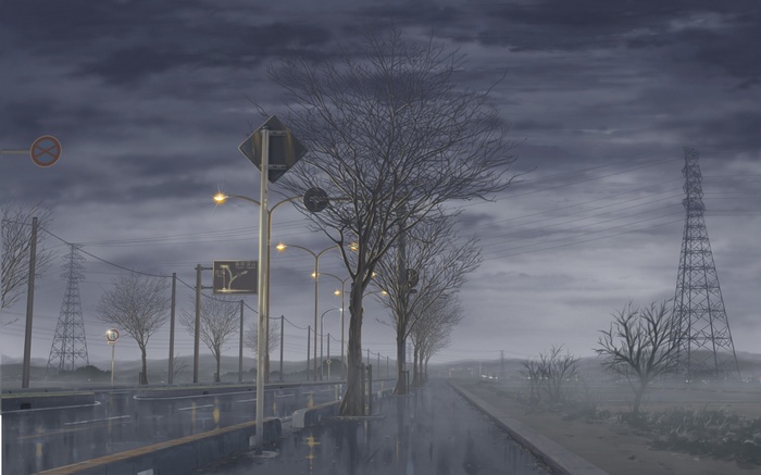Anime road with bare trees and power lines
