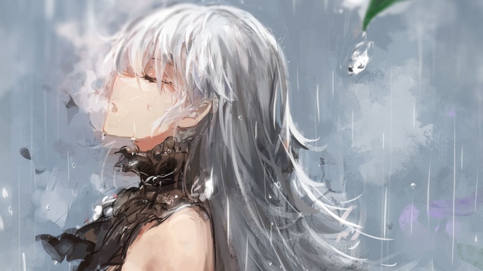 bangs, black dress, water drops, closed eyes, long hair, open mouth, rain, grey hair, smoke, white hair, solo, anime girls, original characters