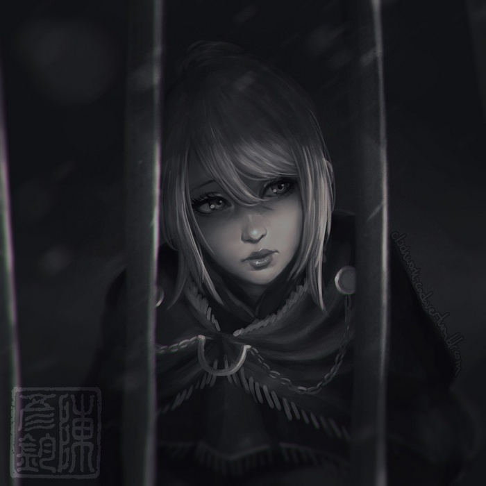 Dark Souls character behind bars in monochrome