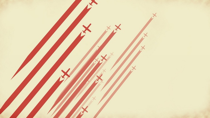 Red airplanes flying in formation with red stripes