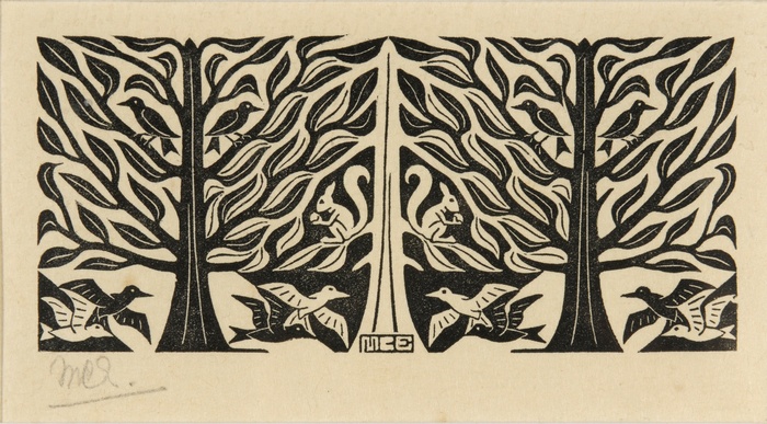 M. C. Escher woodcut of trees with birds and squirrels