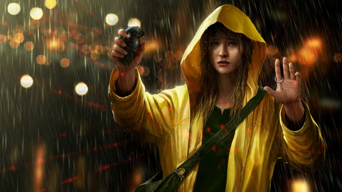 Girl in yellow raincoat holding a grenade in the rain