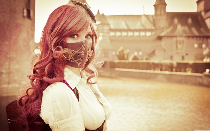 Woman in Steampunk Cosplay with Red Hair