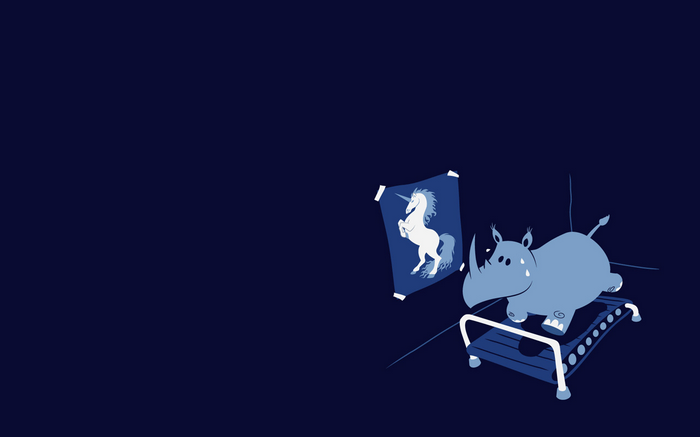 Rhino on a treadmill looking at a unicorn poster