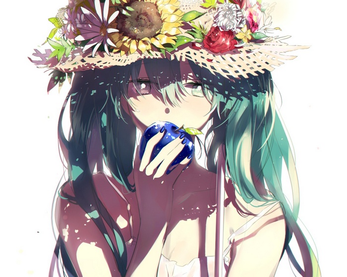 Hatsune Miku wearing a flower-adorned sun hat and eating an apple