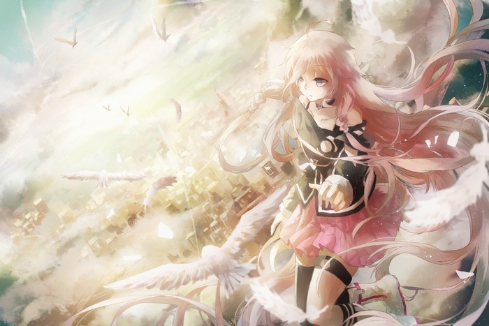 IA from Vocaloid floating with birds over a city