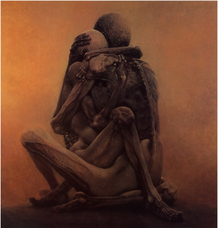 Zdzisław Beksiński drawing of skeletal figures embracing