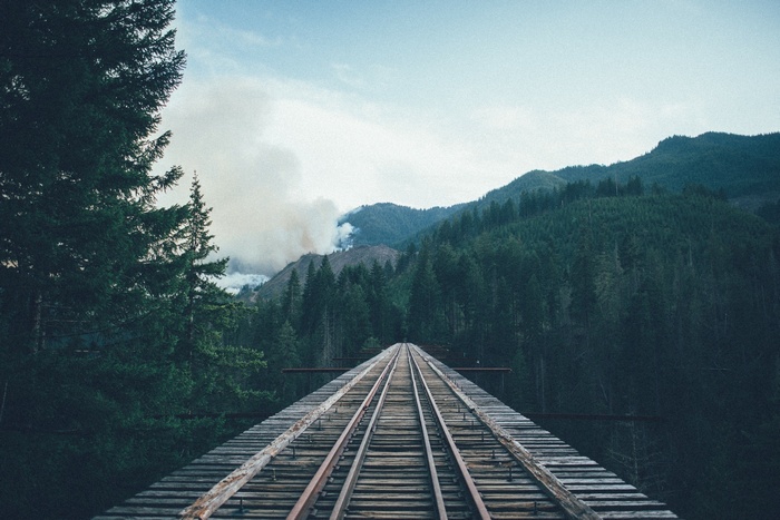 Railway bridge over a forest valley with smoke in the distance