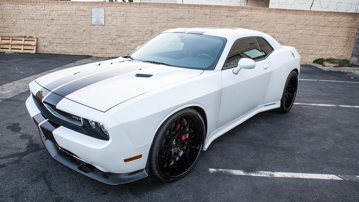 White Dodge Challenger SRT8 with black racing stripes